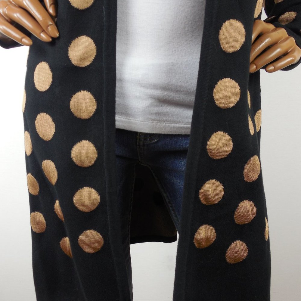 CHICO'S Top L Sz 2 Black/Tan Dot Long Cardigan Sweater Ribbon Tie Heavyweight - Picture 7 of 14